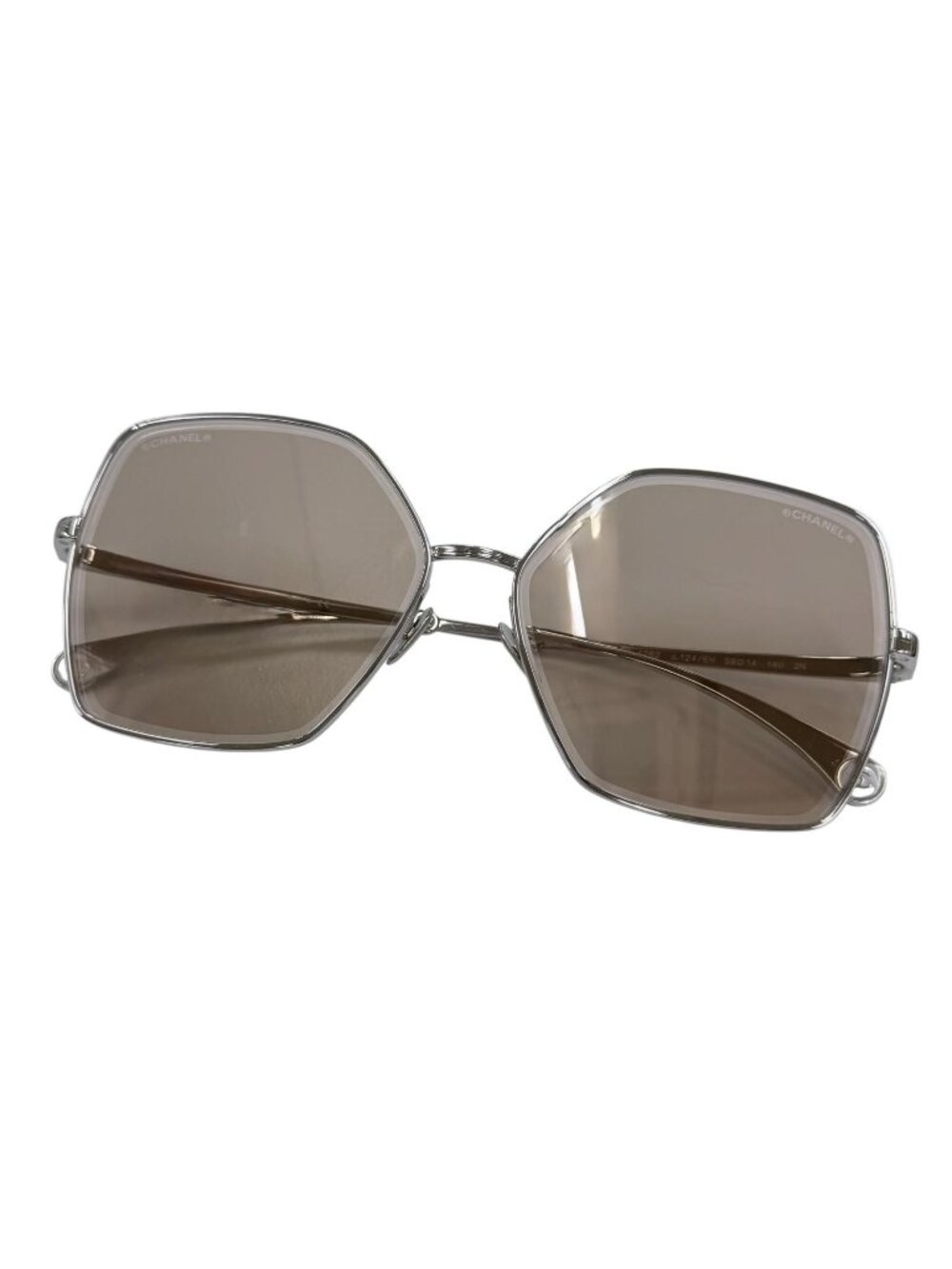Chanel CC Logo Pearl Chain Butterfly Sunglasses Silver Brown Eyewear